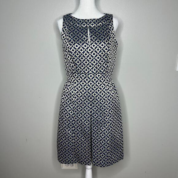 Lauren Ralph Lauren Sz 4 Sleeveless Printed Knee Length Dress Navy Gold Metalic - Picture 1 of 13